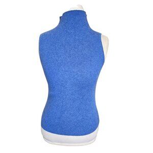 Womens Blue Sleeveless Ribbed Cashmere Sweater High Neck Mockneck Sz M Fitted‎